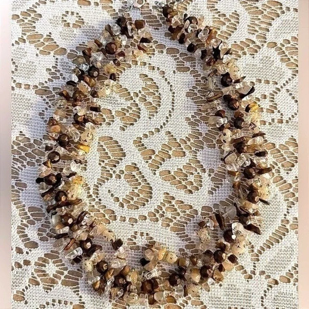 Beaded Three Strand Stone Necklace Lobster Brown‎ Tan Clear 19 to 23 in Jewelry